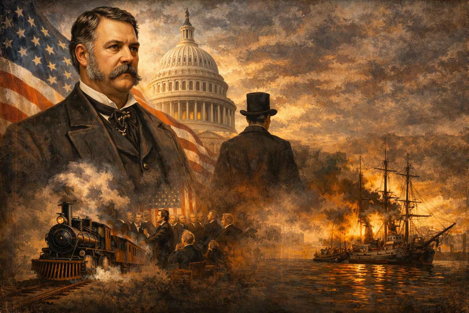 Chester A. Arthur: A Reclaimed Presidency - Book Cover featuring President Arthur, the U.S. Capitol, American flag, steam locomotive, and naval ships